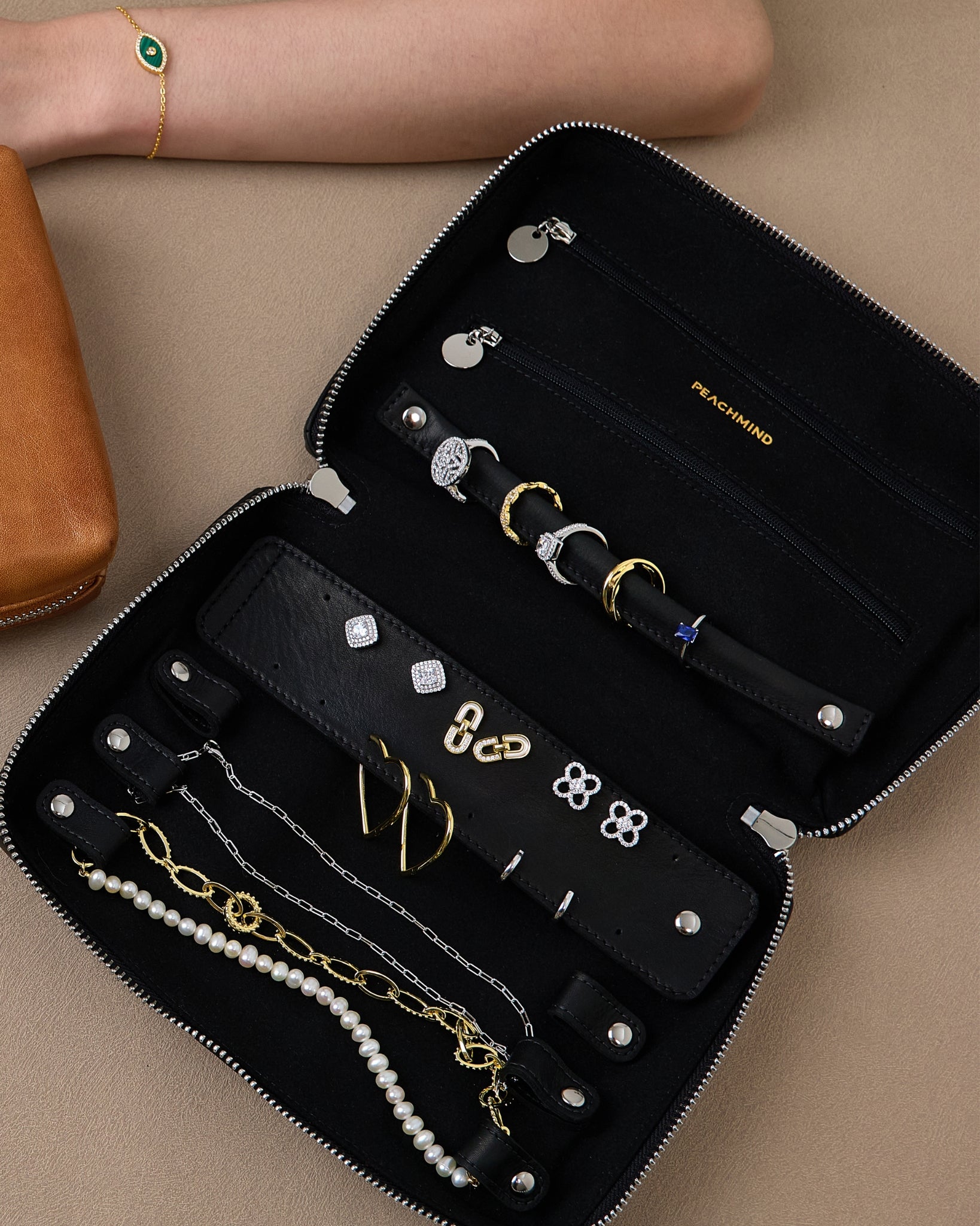 Premium Leather Jewelry Travel Case in Black